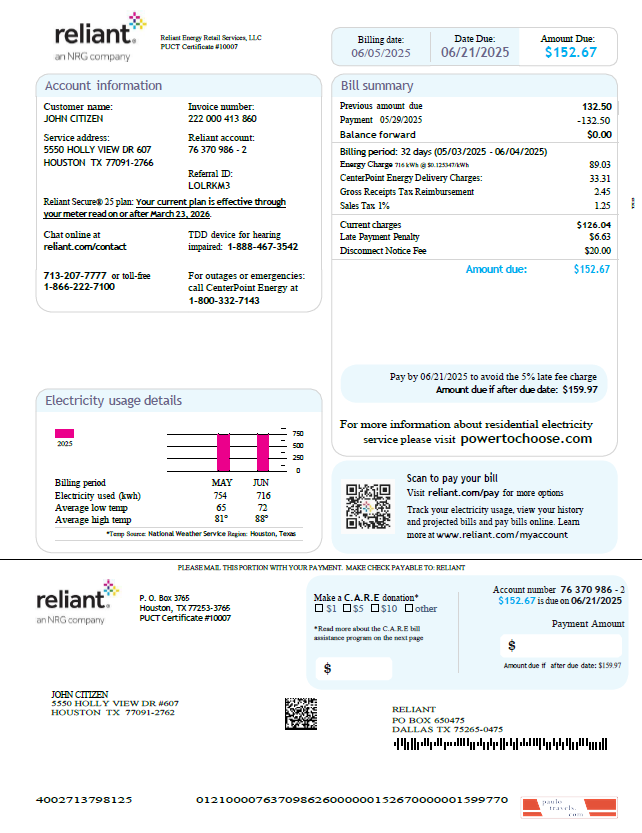 USA Reliant Energy utility bill template in Word and PDF formats, version 3